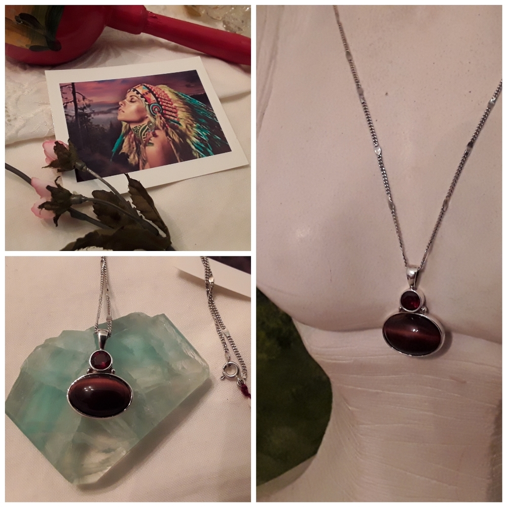 N/TAGS 925 STERLING RED TIGER EYE & GARNET NECK